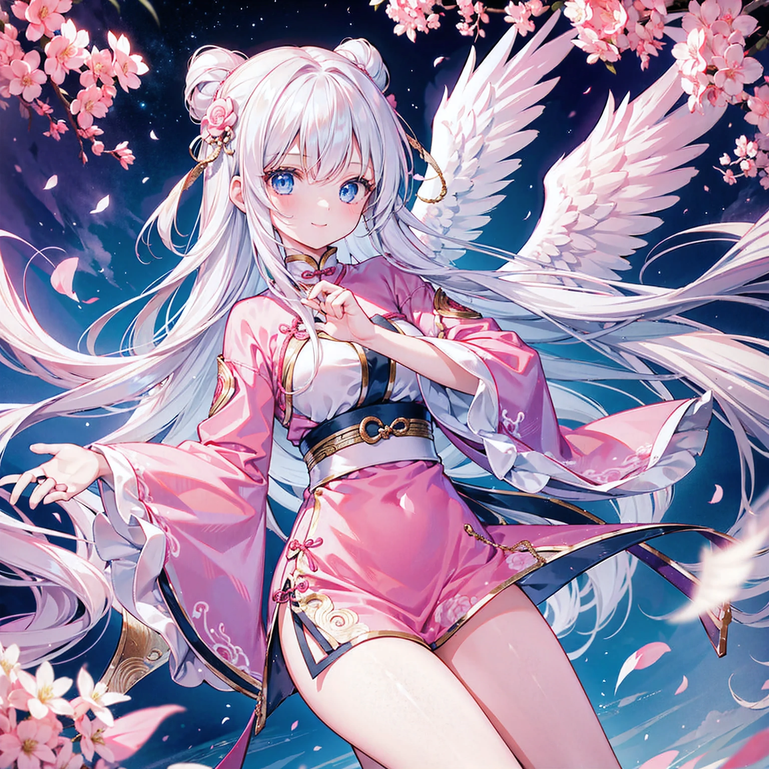 A girl with long white hair and blue eyes、19 years old、Angel wings on the back、Pink china clothes、Kung Fu Pose、Smiling