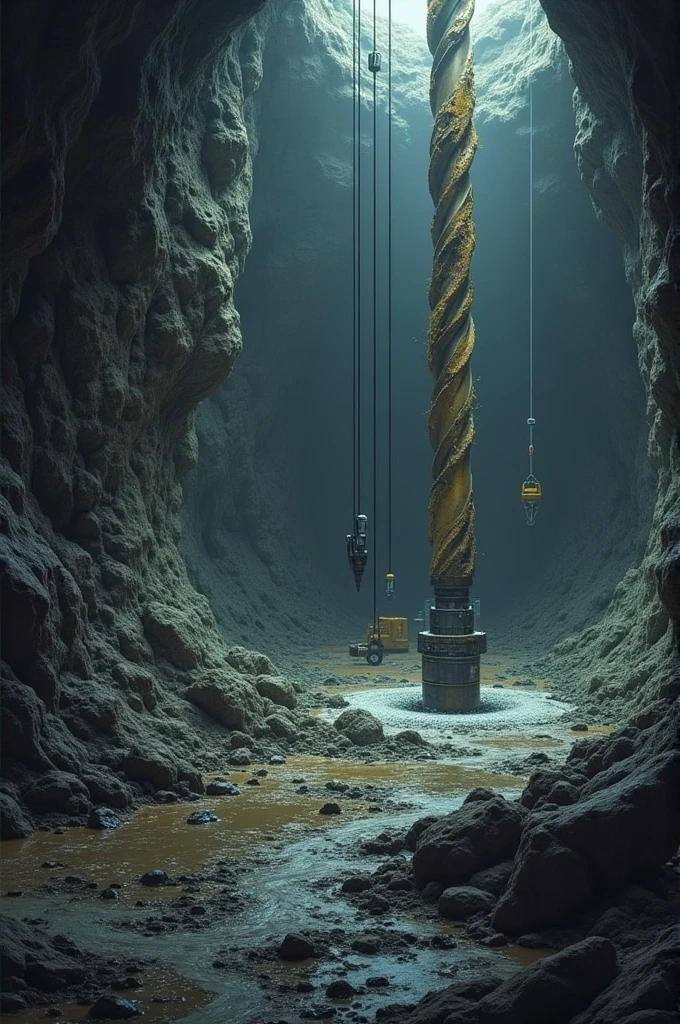 For an image depicting common problems in diamond drilling in underground mining, we could create an underground scene showing some of the following elements:Premature drill bit wear: Represent a worn diamond drill bit, with visible fractures on the surface.Drill collapse: A drill stuck or collapsed in a rock formation, with signs that the rock has collapsed around the equipment.Water circulation failure: An obstructed or misdirected water flow, with puddles of water on the ground, indicating poor circulation.Excessive vibrations: The drill vibrating intensely, with wavy lines around to indicate movement.Well misalignment: A drilled well that clearly does not follow a straight line, deviating from the intended direction.Extremely hard or fractured rock: Very hard rocks that make progress slow, or fractured rocks that cause stability problems.