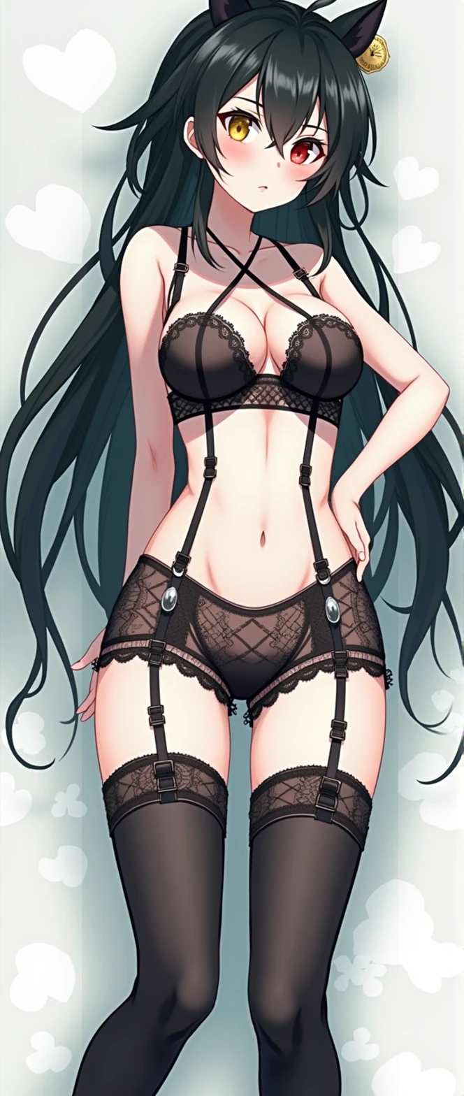 Kurumi Tokisaki, Garter belt, full body garter belt, heterochromia, (right eye yellow:1), (left eye red:1), left eye clock symbol, medium breasts, medium thighs, gesugao face, gesugao