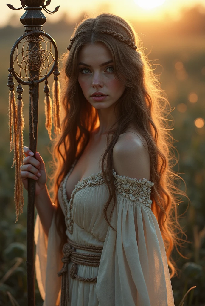RAW photo, photorealistic, film grain, pale skin, evil slavic woman, long light brown hair, eye catchlights, atmospheric lighting, imperfections, natural, epiCRealism, art by mooncryptowow .A mesmerizing mystic-style photo of a oneiromancer standing amidst the fading twilight, her attire shimmering like crystallized dreams. The enchanting figure holds a staff with a dream catcher dangling from it, weaving a spellbinding scene that captivates the viewer. Her flowing garments emit an ethereal aura, glistening with otherworldly magic. The background features soft earthy tones, with a hint of dusk's fading light. The graphic novel style showcases flat outlines and bold ink lines, creating a captivating and dreamlike atmosphere., boudoir erotic... stylish. photoshoot. hyper-detailed hypermaximalist dynamic style. Erotic photography. Boudoir. Glamour style.... great lighting