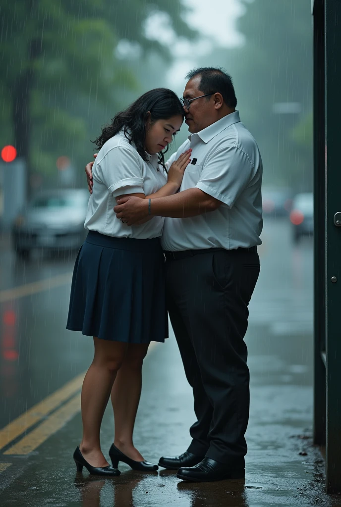 High quality, high detail, high resolution, very realistic. Full body shot, Ultra HD 32k. 30-year-old Thai woman, fair skin, long curly black hair, plump, good proportions, wearing an office uniform, short skirt and formal shoes, looking sad, standing wet in the rain at a bus stop. In the heavy rain, a plump Thai man stands with his arm around her shoulders, his other hand supporting her chest.