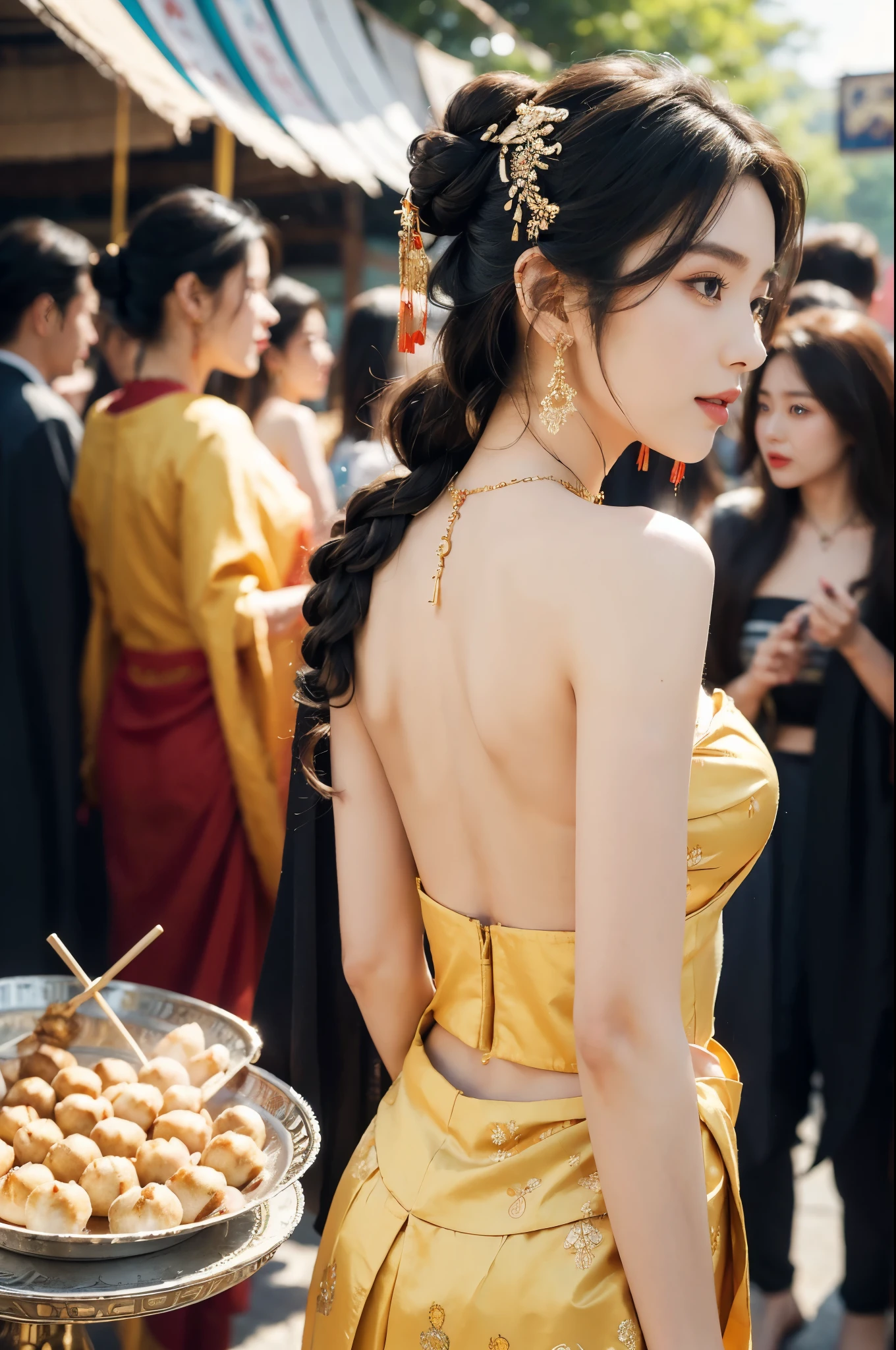 (((best quality))),(((ultra detailed))),(((masterpiece))),illustration,
((1 beautiful young girl,solo)),(bun hair:1.2)((slim,thin)),((small breasts,flat chest)),attractive, traditional Chinese attire,(Gorgeous and intricate headdress:1.3),((earrings,intricate necklace)),(strapless Exquisite embroidered maxi sleeveless sparkled dress:1.3),(standing:1.3),vibrant patterns, radiant complexion, joyful expression,(temple fair:1.3), bustling atmosphere, summer afternoon, sunny weather, cultural festival, street food, roasted skewers, steaming dumplings, sweet cotton candy, stalls, crafts, clothing, appreciative onlookers, sunset, ancient tradition, modern beauty, captivating scene, enchanting,(day scene:1.2),(surrounded by crowded crowds:1.3),((from back,upper body))