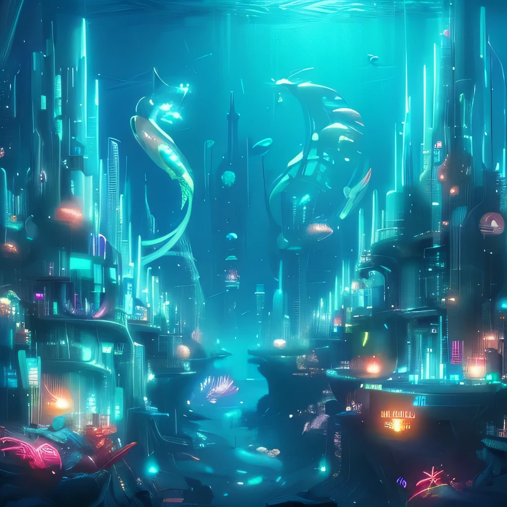 Underwater sci fi city, neon lights, futuristic, best quality