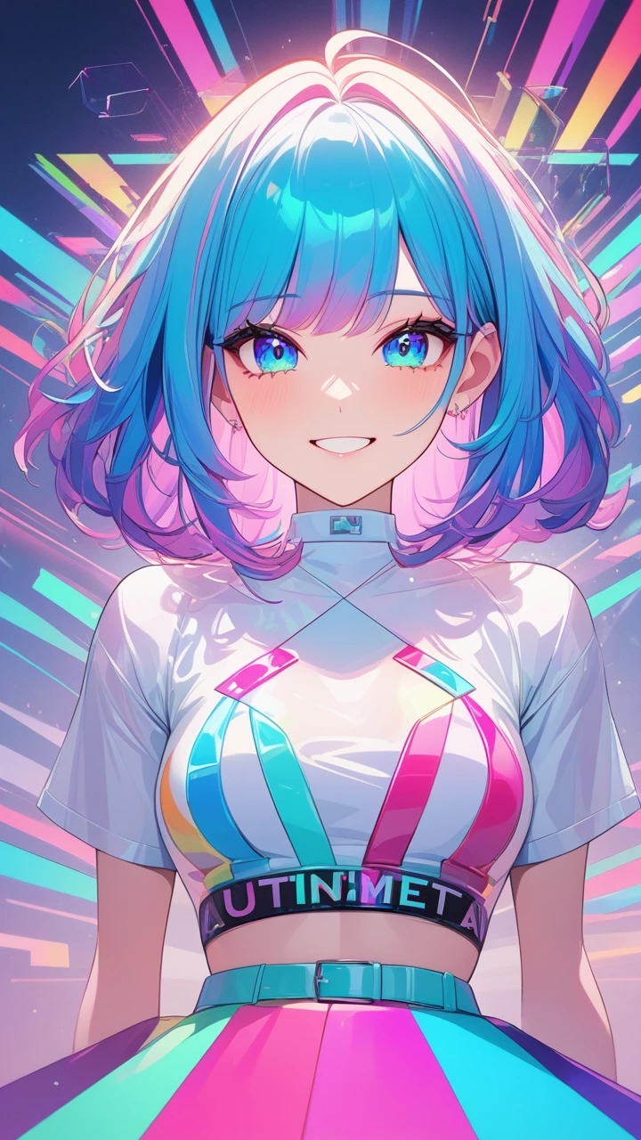 masterpiece,bestquality,superwideangle,fingeraudience,1girl,pinkandbluehair,hand,futuristic clothes,cuteanimeface,tears,masterpiece,transparentcolorPVCclothing,transparentcolorvinylclothing,wholebody,glitchlump}onface,smile,mediumhair,filmgrain,lens_flare,colorful,chromaticaberration,dynamicpov,closedmouth,Intenseemotionalexpression:death,glitchart,ultra-detailed,extremelydelicateandbeautiful,albumcover,album,albumdescription,Pixilationonface,Doubleexposure,ChromaticAberration,Lightleaks,Noiseandgrain,Colordegradation,Glitchlettering,art,abstractart,geometry,clearlines,squares,bright,limitedpalette,{canonicalcomposition},neatdiagonalstripedbackground,{{bluewithwhitestripedbackground}},{limitedpalette},flatcolored,blueandwhite,