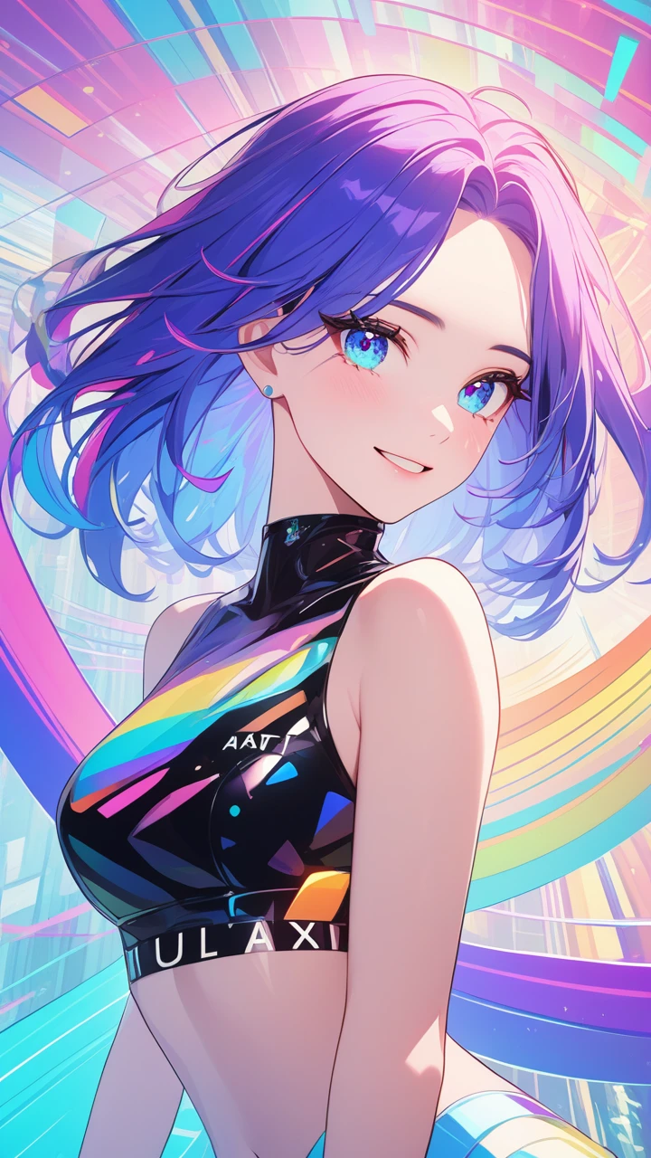 masterpiece,bestquality,superwideangle,fingeraudience,1girl,pinkandbluehair,hand,futuristic clothes,cuteanimeface,tears,masterpiece,transparentcolorPVCclothing,transparentcolorvinylclothing,wholebody,glitchlump}onface,smile,mediumhair,filmgrain,lens_flare,colorful,chromaticaberration,dynamicpov,closedmouth,Intenseemotionalexpression:death,glitchart,ultra-detailed,extremelydelicateandbeautiful,albumcover,album,albumdescription,Pixilationonface,Doubleexposure,ChromaticAberration,Lightleaks,Noiseandgrain,Colordegradation,Glitchlettering,art,abstractart,geometry,clearlines,squares,bright,limitedpalette,{canonicalcomposition},neatdiagonalstripedbackground,{{bluewithwhitestripedbackground}},{limitedpalette},flatcolored,blueandwhite,