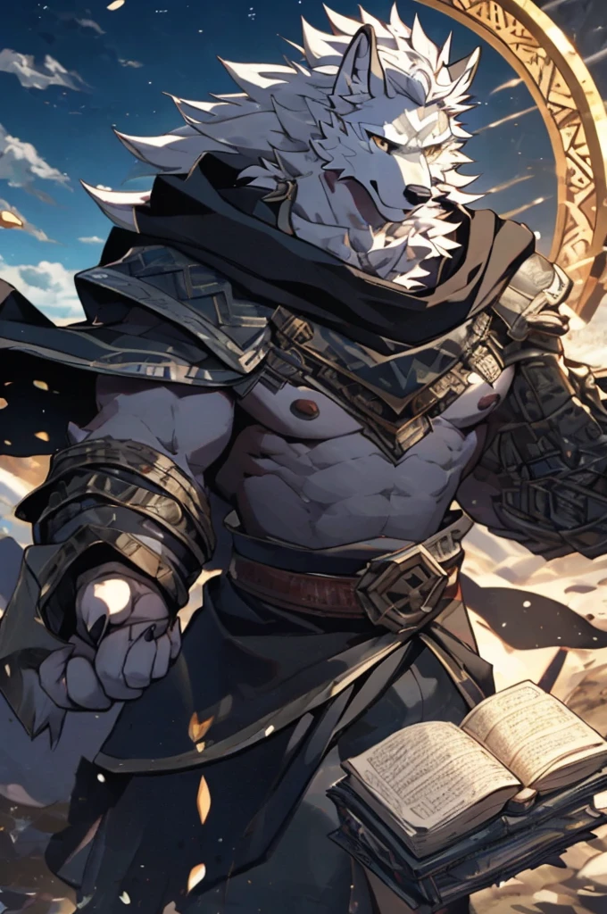 8k,best quality, Practical, High Detail, Very detailed, white Wolf,Delicate eyes,Exquisite eyes,yellow eyes,Extremely high detail,Wasteland Wind,black cloak,silver armour,Strong body,With a magic book Suspended on the hand,Facing the screen,white hair