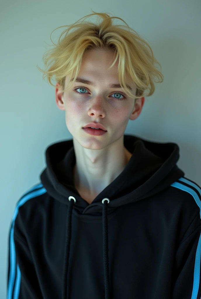 Cute hot boy light yellow hair soft, blue eyes, emo, with hot hairstyle , wearing black hoodie with blue strips