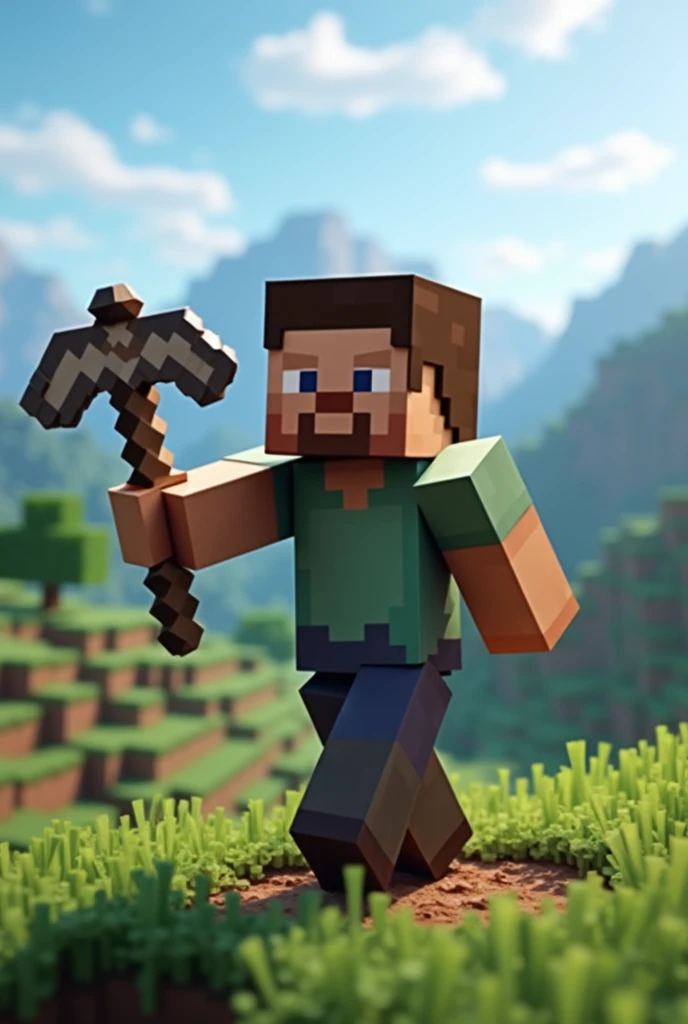a Minecraft character with a pickaxe in their hand