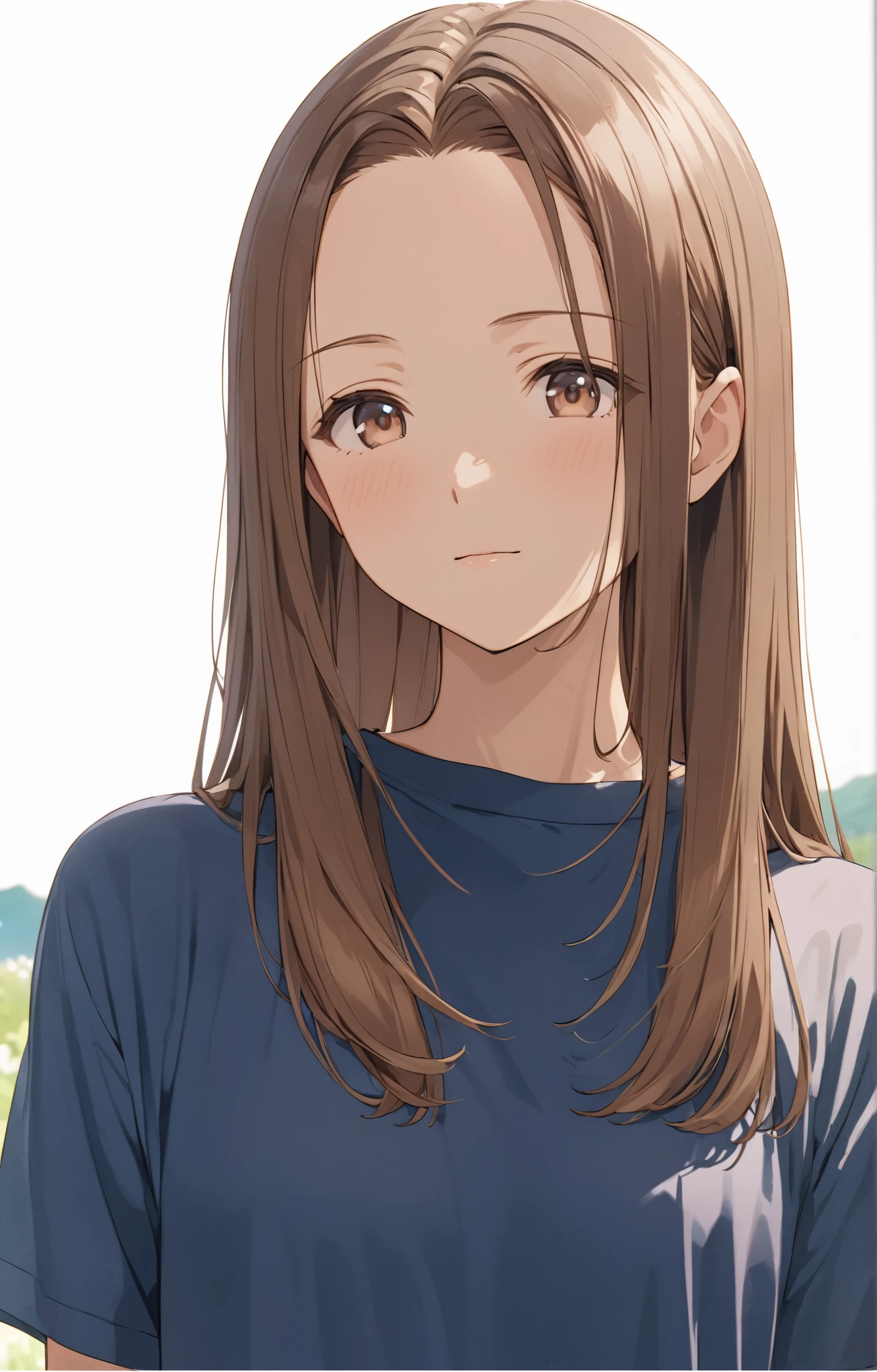 Brown Hair、Straight Hair、Forehead、anime、detail、8k、White T-shirt、Midsummer
