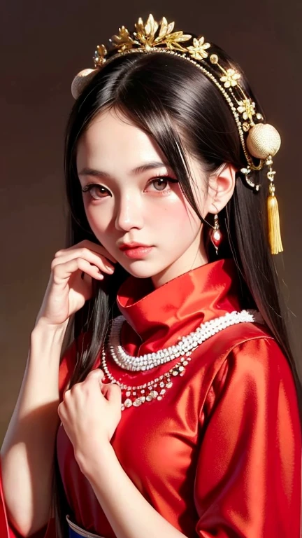 最high quality, masterpiece, High resolution, One person, Chinese Hanfu,Chinese Architect Background, Red scarf, hair ornaments,necklace, jewelry,Beautiful Face,On top of that_body, Tyndall effect,Realistic, Dark studio, Rim Light, Two-tone lighting,(Skin with attention to detail:1.2), 8k uhd, Digital SLR, Soft lighting, high quality, Volumetric lighting, Frank, photograph, High resolution, 4K, 8k, Bokeh,Girl in a red dress
