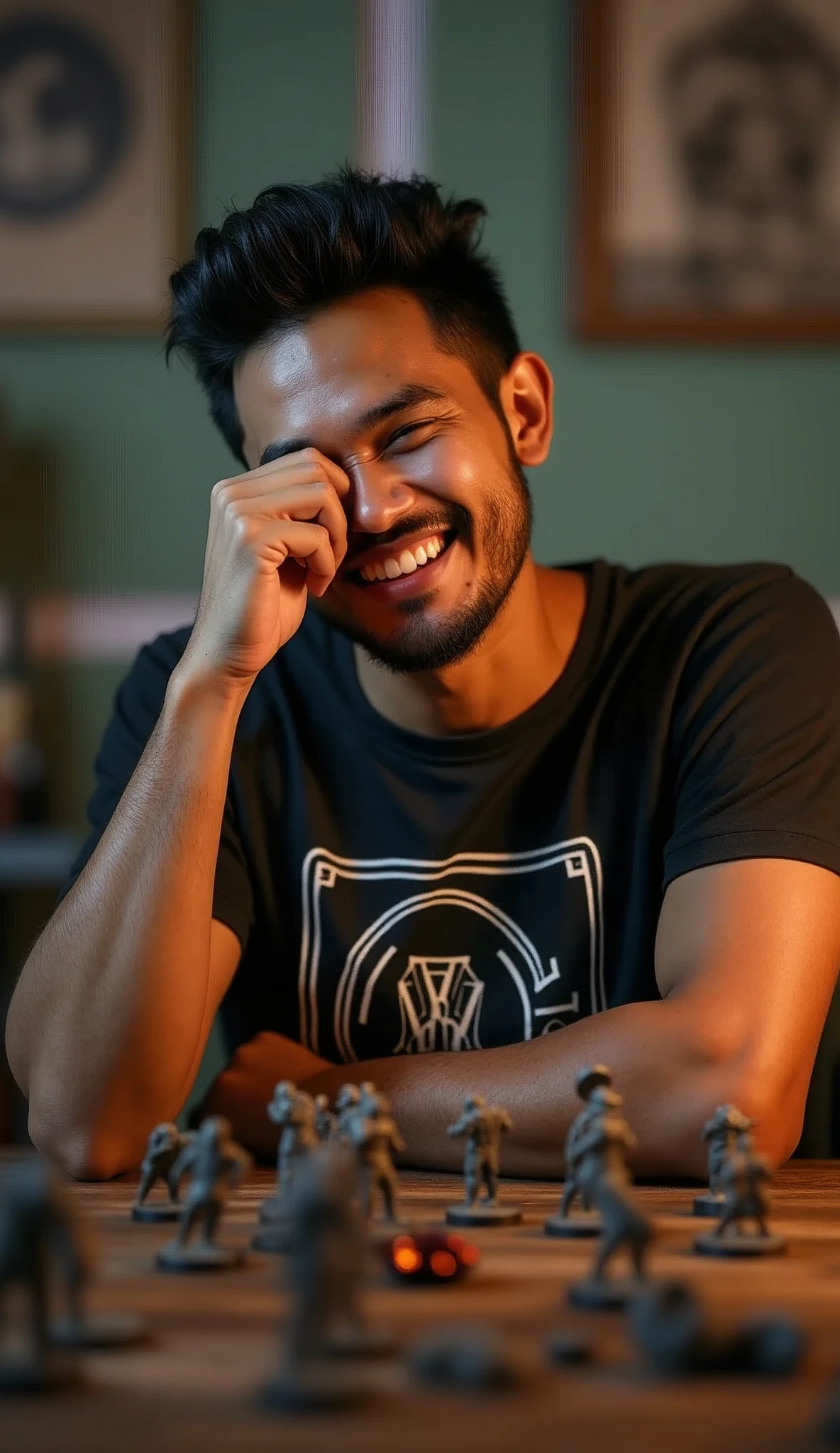 photorealistic, best quality, masterpiece, extremely detailed, front view, extremely handsome, 30 year old indonesian man, round face, muscular build, no facial hair, wearing warhammer tshirt, laughing, throws dice, one hand covers eyes, warhammer miniatures mid-game on the table, extremely romantic atmosphere, perfect face, perfect fingers, perfect hands, perfection