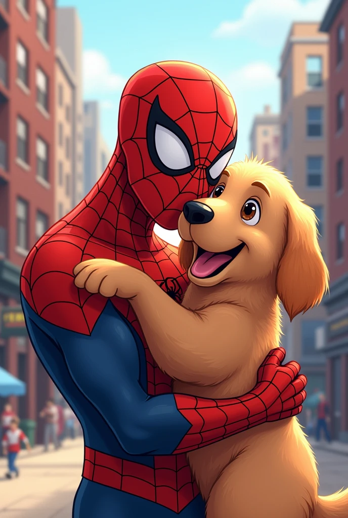Animated drawing of spiderman hugging a golden retriever