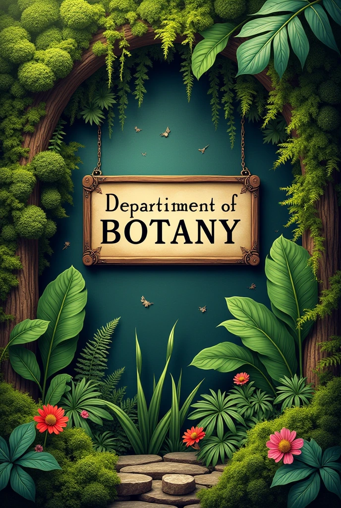 "Department of Botany" wall art, with a greenery back ground with some cryptograms leafs