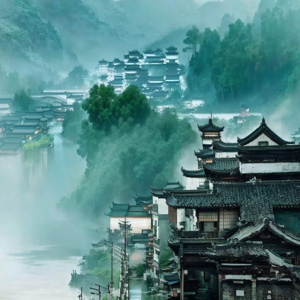 There is a big river flowing through a town，There is a bridge in the town, Dreamy Chinatown, China Village, ancient Chinese Architecture, Baishi Ancient City, Ancient city landscape, Chinese scenery, by Yang Weizhen, by Hu Jieqing, by An Zhengwen, Chinese Architecture, Zhu Derun, by wu daozi, by Sheng Maoye