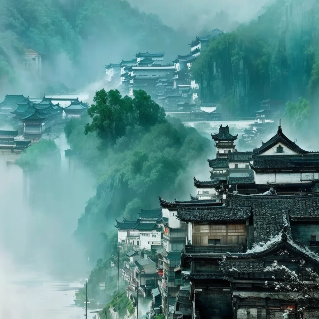 There is a big river flowing through a town,There is a bridge in the town, Dreamy Chinatown, China Village, ancient Chinese Architecture, Baishi Ancient City, Ancient city landscape, Chinese scenery, by Yang Weizhen, by Hu Jieqing, by An Zhengwen, Chinese Architecture, Zhu Derun, by wu daozi, by Sheng Maoye