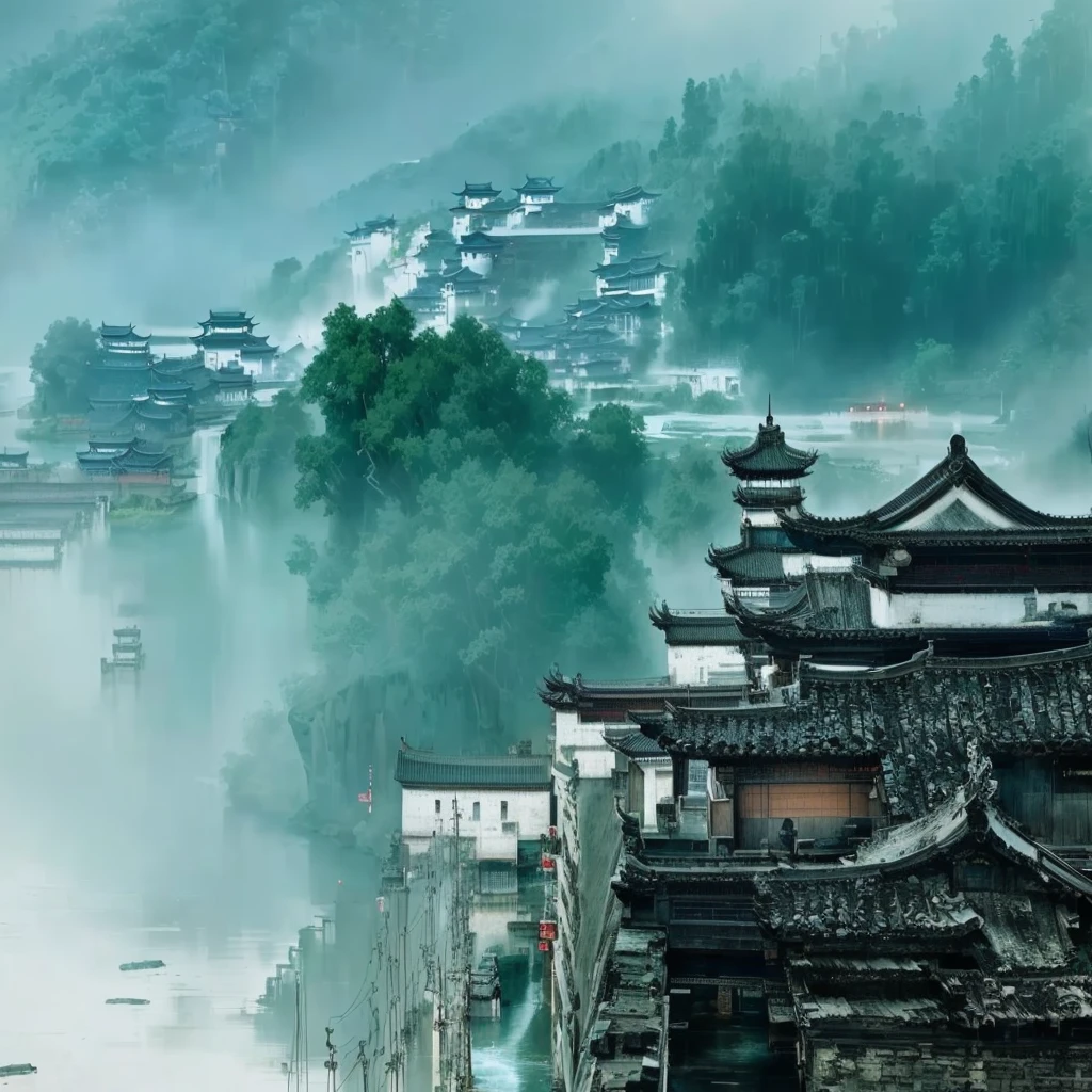 There is a big river flowing through a town,There is a bridge in the town, Dreamy Chinatown, China Village, ancient Chinese Architecture, Baishi Ancient City, Ancient city landscape, Chinese scenery, by Yang Weizhen, by Hu Jieqing, by An Zhengwen, Chinese Architecture, Zhu Derun, by wu daozi, by Sheng Maoye
