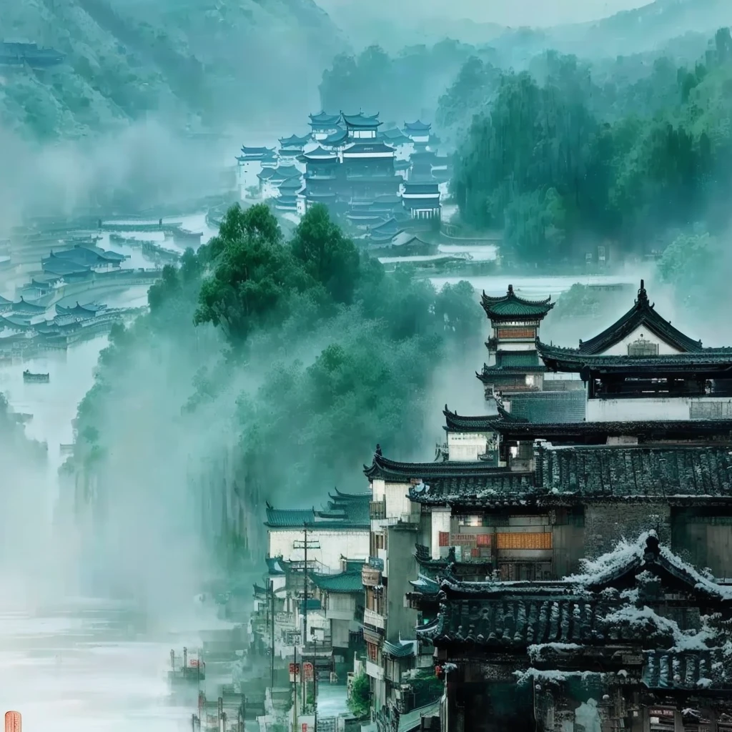 There is a big river flowing through a town，There is a bridge in the town, Dreamy Chinatown, China Village, ancient Chinese Architecture, Baishi Ancient City, Ancient city landscape, Chinese scenery, by Yang Weizhen, by Hu Jieqing, by An Zhengwen, Chinese Architecture, Zhu Derun, by wu daozi, by Sheng Maoye