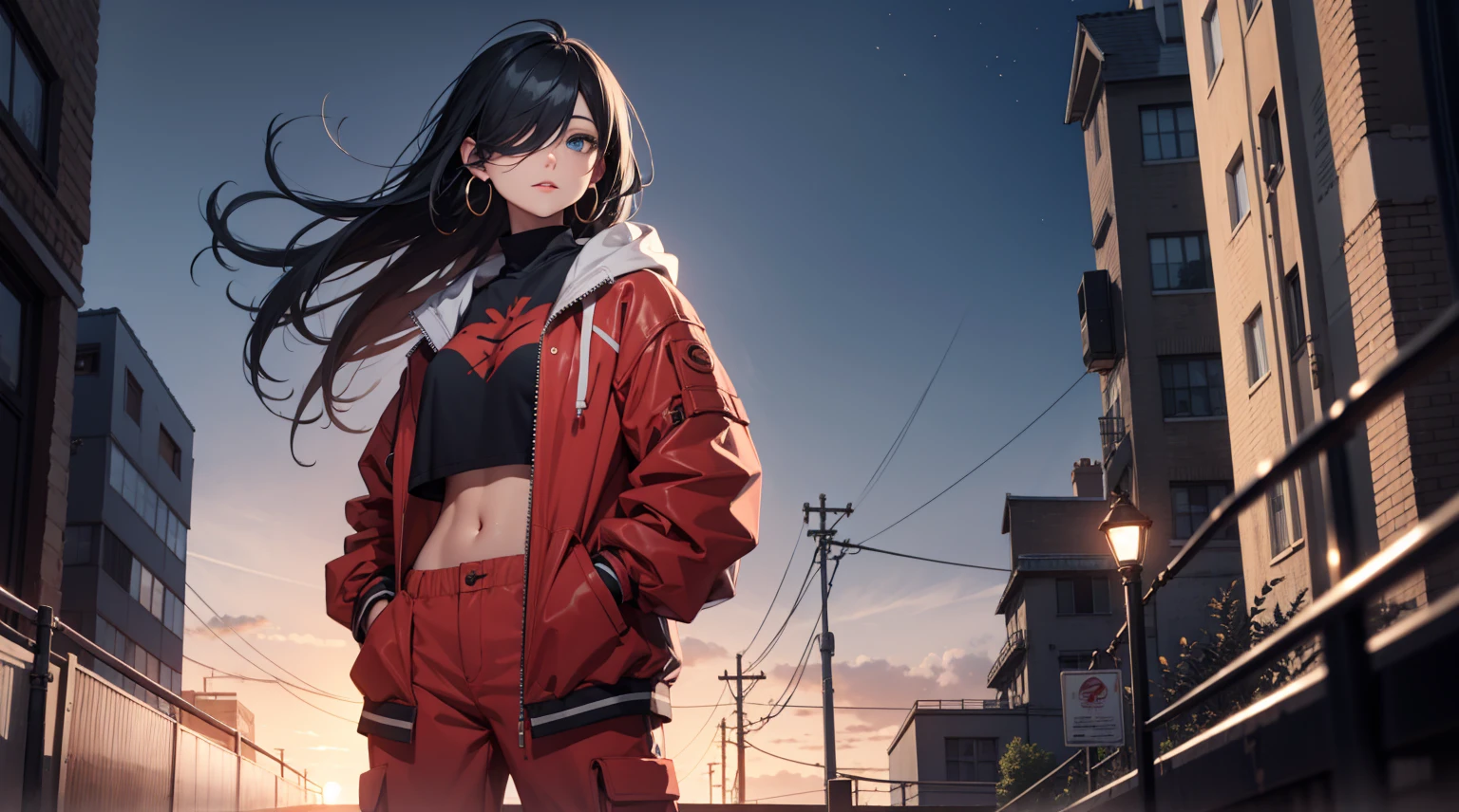 (best quality), ((masterpiece)), (highres), illustration, original, extremely detailed, 1girl, headphones, solo, hands in pockets, sky background, midriff, pants, blue eyes, hair over one eye, simple background, shoes, black hair, long hair, hood, full body, red jacket, looking at viewer, hoodie, sneakers, hoop earrings, crop top, red pants, standing, jacket, baggy pants, dark-skinned female, breasts, closed mouth，night Sky, night, rooftop ,