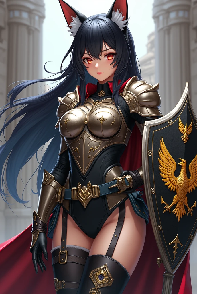 masterpiece, 8k, high quality, 1 girl, dog ears, military, ballistic equipment, body armor, breastplate, (bags), red and gold eyes, stockings, gloves with metal plate, Long black and white hair, Riot shield with an eagle as an emblem,