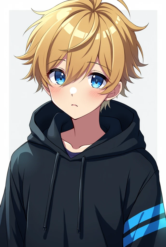 Cute hot boy light yellow hair soft, blue eyes, emo, with hot hairstyle , wearing black hoodie with blue strips, anime
