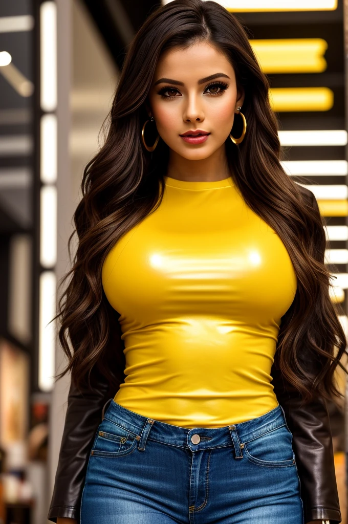 photo of seductive (emb_mcgoverneli:0.99), a woman as a sexy customer, closeup portrait, (tight yellow long sleeve Leather Brown t-shirt), (jeans), (in a department store:1.1), (masterpiece:1.5) (photorealistic:1.1) (bokeh) (best quality) (detailed skin texture pores hairs:1.1) (intricate) (8k) (HDR) (wallpaper) (cinematic lighting) (sharp focus), eyeliner, (painted lips), (earrings), (vivid atmosphere)big large breasts , hyper breasts,gigantic breasts,large breasts