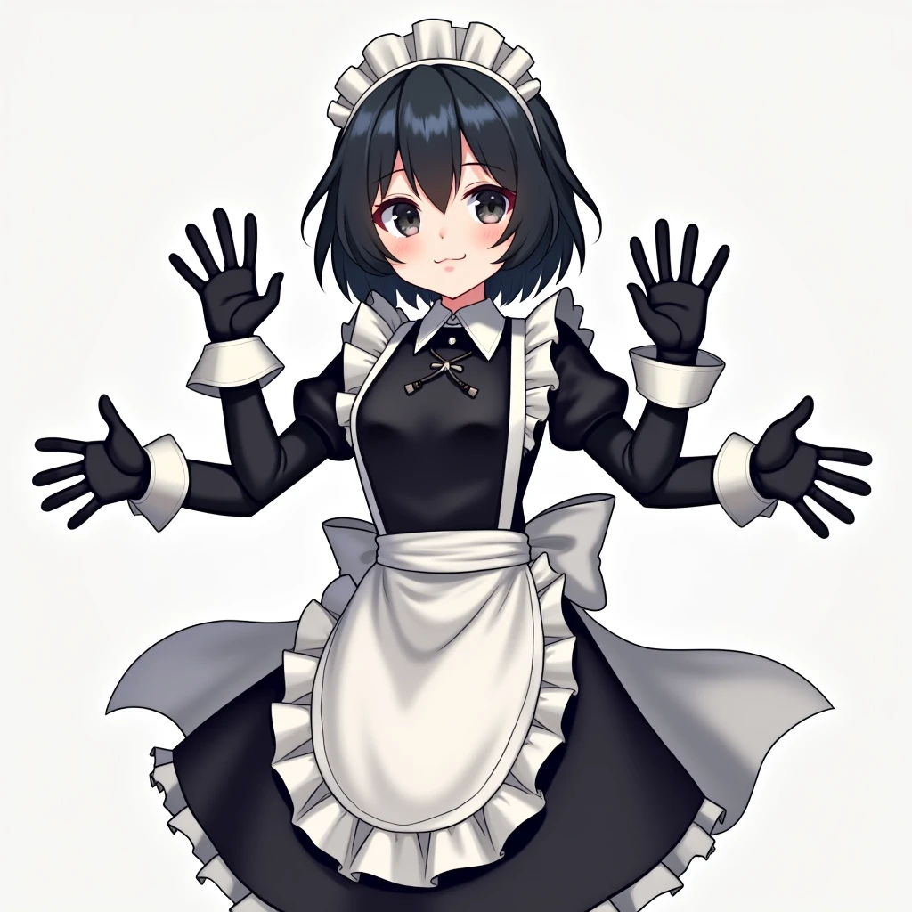 anime girl(Drawing style:"Skull girls"),short black hair,traditional maid outfit,three pairs of arms(the first pair being the normal arms,the second pair being by the ribs and the third pair a little above the hip),eyes dulled by black color,friendly smile,black gloves on each hand(in her 6 hands),normal breasts,hips a little wide,moderate backside.