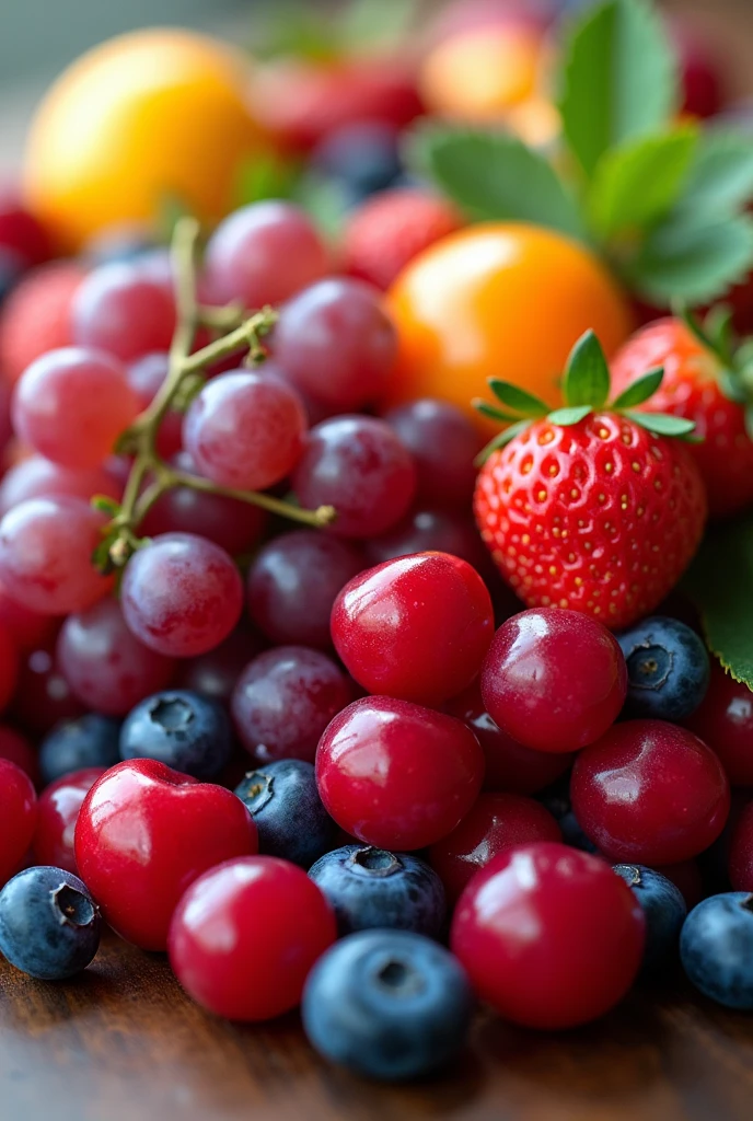 Fruit background: cherry, stawberry, blueberry, grape