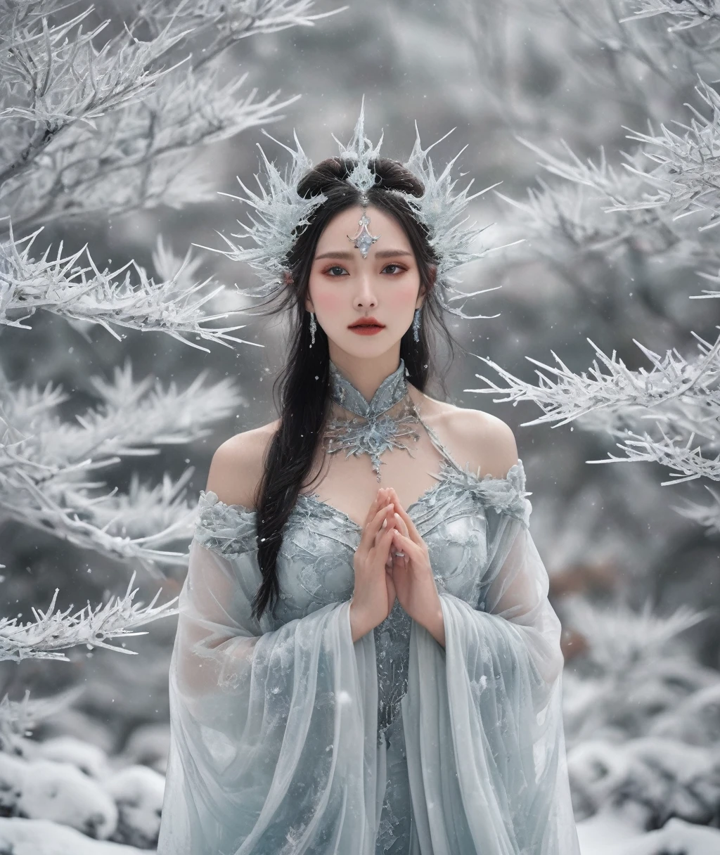The Banshee of Thorns on the Snow Mountain,Coexist with the cold wind,Covered with frost, snow and thorns,The skin is branded with ice crystals from the snowy mountains,The surreal modeling technique makes her the guardian of the ice。In the white snow,She is like the spirit of the snow mountain,The light scatters on her,It contrasts sharply with the surrounding silver,Draw a fascinating visual feast,The composition is grand,Cool temperament
