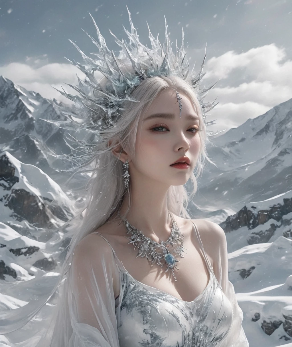 The Banshee of Thorns on the Snow Mountain,Coexist with the cold wind,Covered with frost, snow and thorns,The skin is branded with ice crystals from the snowy mountains,The surreal modeling technique makes her the guardian of the ice。In the white snow,She is like the spirit of the snow mountain,The light scatters on her,It contrasts sharply with the surrounding silver,Draw a fascinating visual feast,The composition is grand,Cool temperament