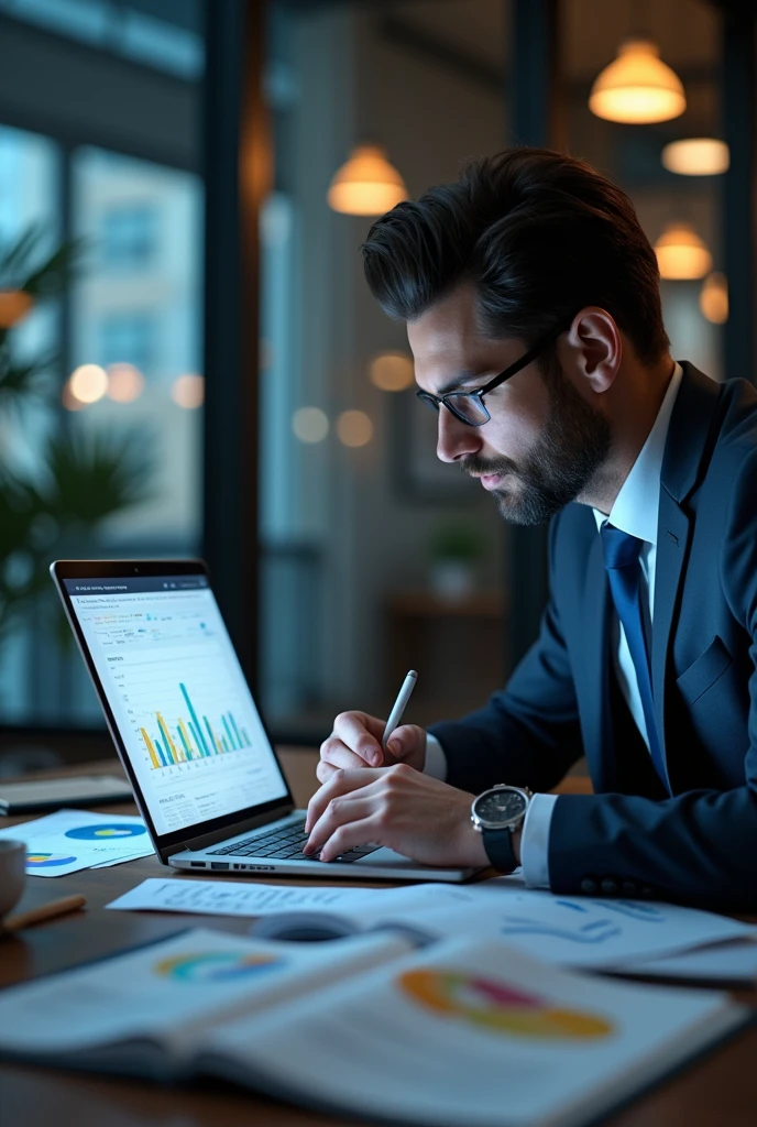 Writing, graph and business man on laptop for data ysis, financial chart and annual company report. Fintech, corporate and worker with notes on computer for research, finance review and planning