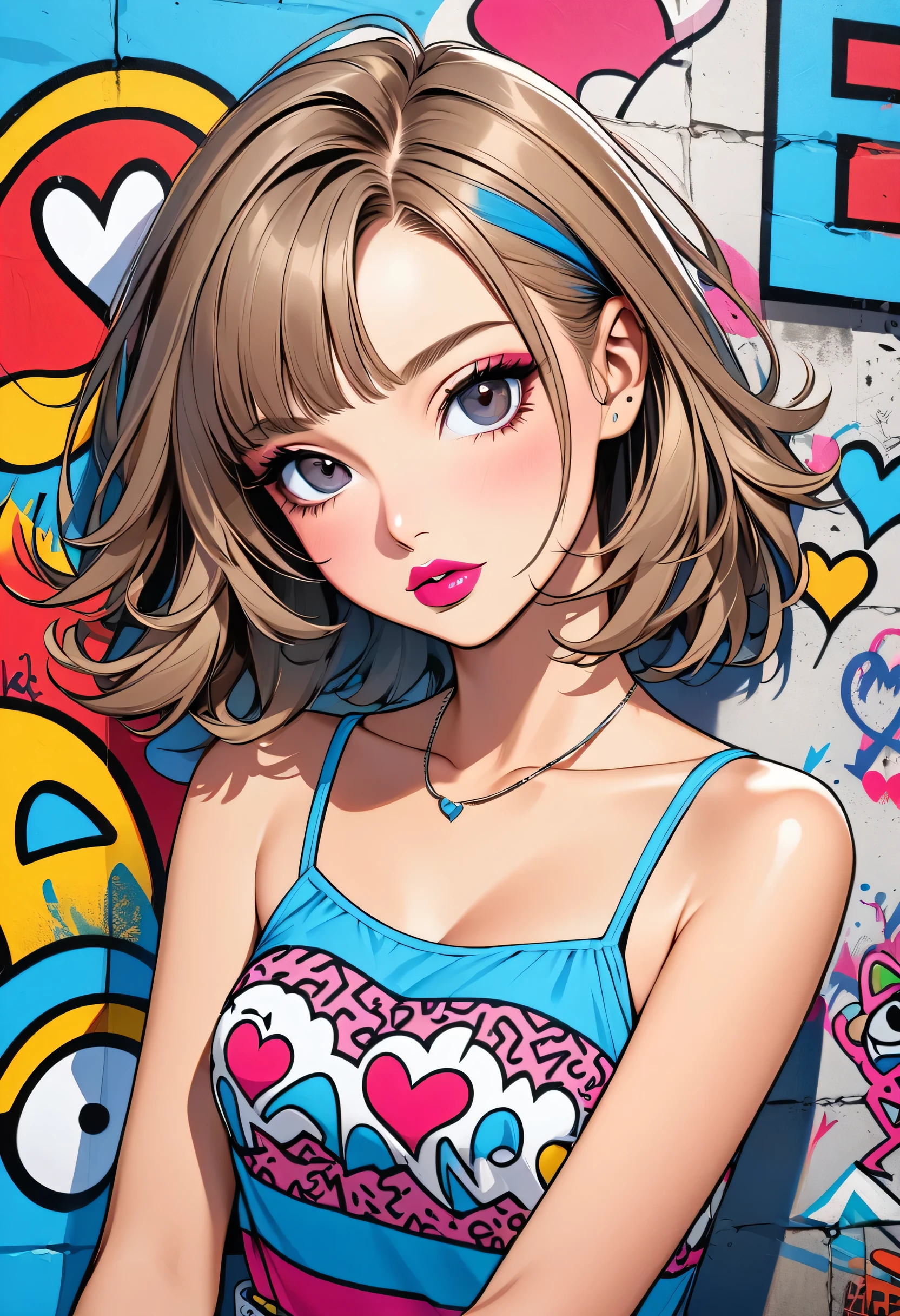 Ultra-realism Keith Haring colorful style, Simple Line Initialism,Abstract art,(((The most beautiful girl of all time))), Sweet face. Lips in love, colorful hearts, stylish design, Summer beach fashion, Dark Eyes, Graffiti on the wall
