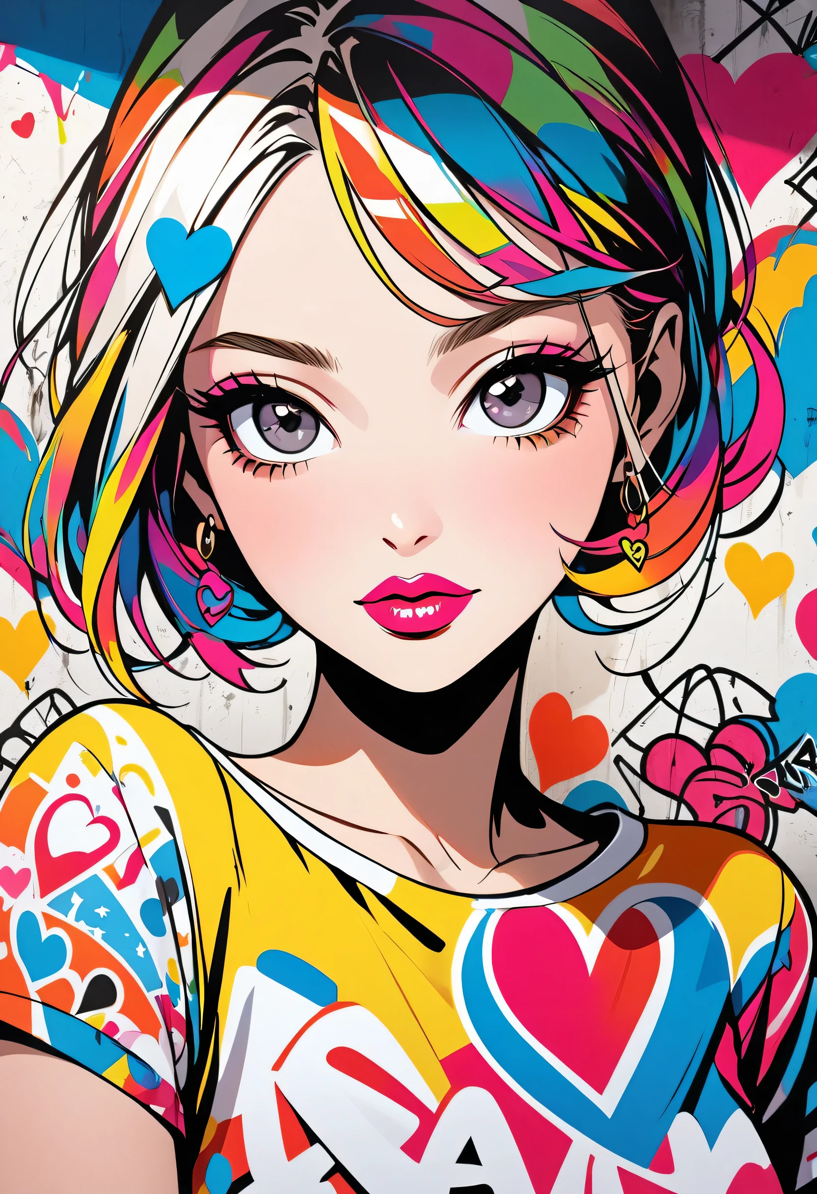 Ultra-realism Keith Haring colorful style, Simple Line Initialism，Abstract art，(((The most beautiful girl of all time))), Sweet face. Lips in love, colorful hearts, stylish design, Summer beach fashion, Dark Eyes, Graffiti on the wall