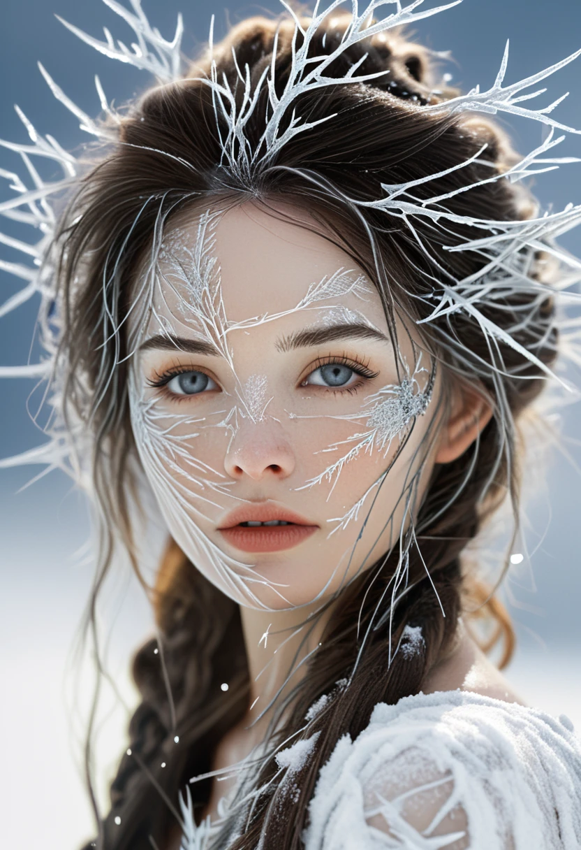 high quality, 8K Ultra HD, Surreal portrait of a stunning woman.
The Banshee of Thorns on the Snow Mountain,Coexist with the cold wind,Covered with frost, snow and thorns,The skin is branded with ice crystals from the snowy mountains,The surreal modeling technique makes her the guardian of the ice。In the white snow,She is like the spirit of the snow mountain,The light scatters on her,It contrasts sharply with the surrounding silver,Draw a fascinating visual feast,The composition is grand,Cool temperament
