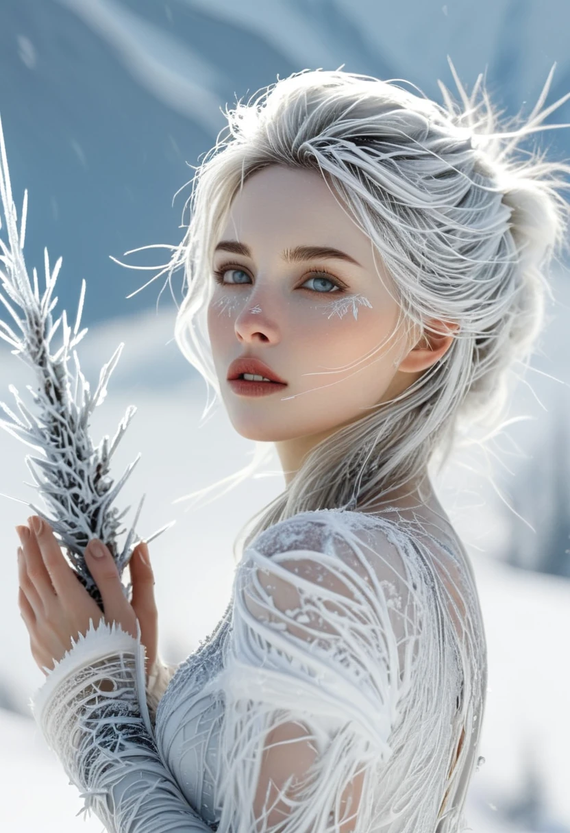 high quality, 8K Ultra HD, Surreal portrait of a stunning woman.
The Banshee of Thorns on the Snow Mountain，Coexist with the cold wind，Covered with frost, snow and thorns，The skin is branded with ice crystals from the snowy mountains，The surreal modeling technique makes her the guardian of the ice。In the white snow，She is like the spirit of the snow mountain，The light scatters on her，It contrasts sharply with the surrounding silver，Draw a fascinating visual feast，The composition is grand，Cool temperament