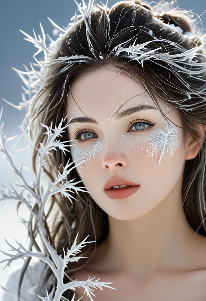 high quality, 8K Ultra HD, Surreal portrait of a stunning woman.
The Banshee of Thorns on the Snow Mountain,Coexist with the cold wind,Covered with frost, snow and thorns,The skin is branded with ice crystals from the snowy mountains,The surreal modeling technique makes her the guardian of the ice。In the white snow,She is like the spirit of the snow mountain,The light scatters on her,It contrasts sharply with the surrounding silver,Draw a fascinating visual feast,The composition is grand,Cool temperament