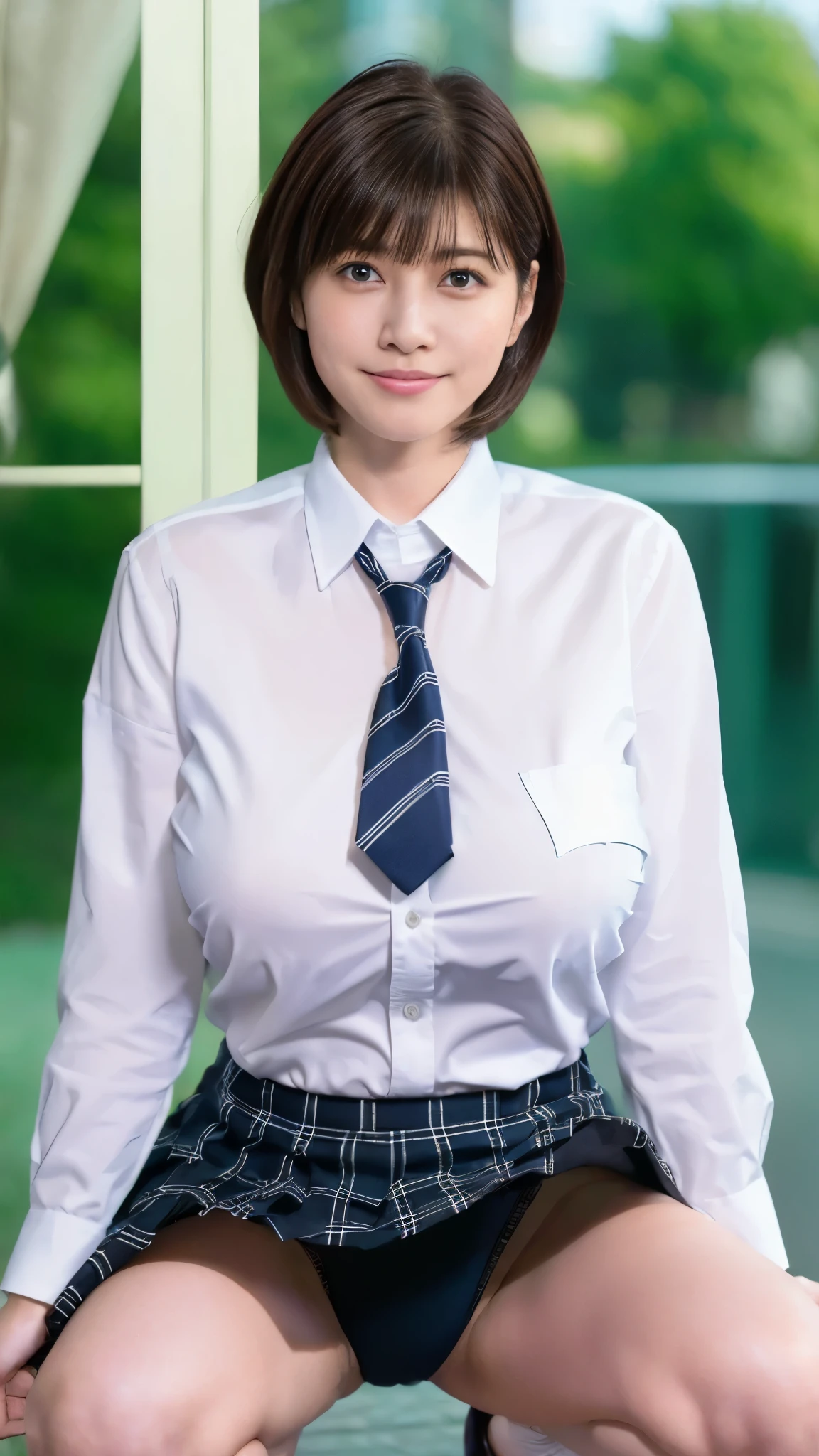 (8k,Ultra-high resolution,Highest quality,masterpiece,Realistic,Ultra-high resolution,High-quality RAW color photos,Professional photos,Realistic,Realistic),Natural skin texture,Fine skin,Hyperrealism,Intricate details,Adult women,Eye highlights.Lip gloss,Glossy Lips,(Cute smile,Short Hair,Dark blonde hair,bangs),(((gigantic breast,Big Breasts))),(Schoolgirl uniform,(White Cutter Shirt,Thong),Azure check patterned pleated mini skirt,tie),Urban area,((face focus,Staring at the audience,spread legs,Squat)),(((windy up skirt,Panty shot)))