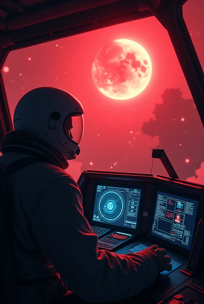 The astronaut pilot's cockpit monitor screen shows a mysterious signal on the radar., with the intensifying beeping sound adding to the tense atmosphere.The spaceship approached the planet with a dense red atmosphere and a terrifying landscape..