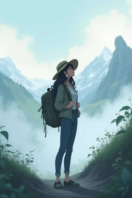 score 9,score 8 up,score 7 up,From front,masterpiece,HDR,illustration,Anime,bokeh,1 girl,black hair,big breasts,earring,jacket,long pants,safari hat,backpack,She looks up,She grabs the shoulder straps of her backpack,White thick fog,The whole area is covered with white fog,morning mist,mountain trail