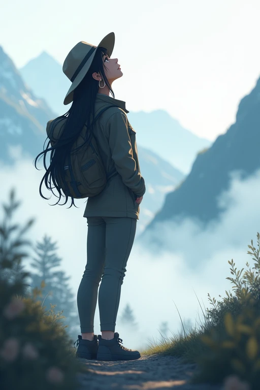 score 9,score 8 up,score 7 up,From front,masterpiece,HDR,illustration,Anime,bokeh,1 girl,black hair,big breasts,earring,jacket,long pants,safari hat,backpack,She looks up,She grabs the shoulder straps of her backpack,White thick fog,The whole area is covered with white fog,morning mist,mountain trail