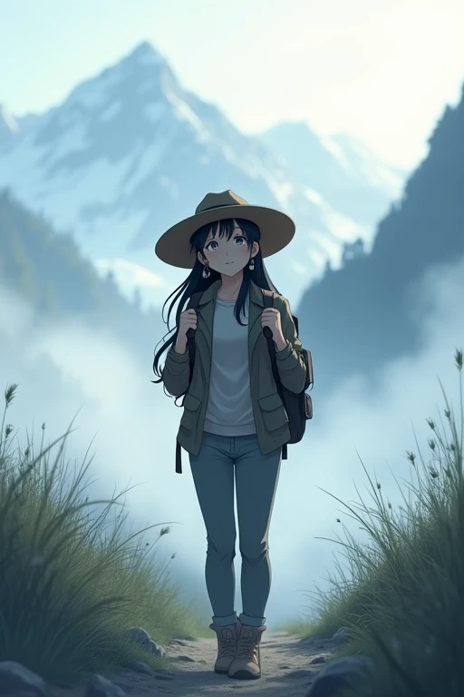 score 9,score 8 up,score 7 up,From front,masterpiece,HDR,illustration,Anime,bokeh,1 girl,black hair,big breasts,earring,jacket,long pants,safari hat,backpack,She looks up,She grabs the shoulder straps of her backpack,White thick fog,The whole area is covered with white fog,morning mist,mountain trail