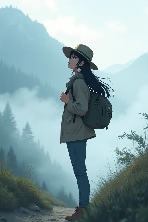 score 9,score 8 up,score 7 up,From front,masterpiece,HDR,illustration,Anime,bokeh,1 girl,black hair,big breasts,earring,jacket,long pants,safari hat,backpack,She looks up,She grabs the shoulder straps of her backpack,White thick fog,The whole area is covered with white fog,morning mist,mountain trail