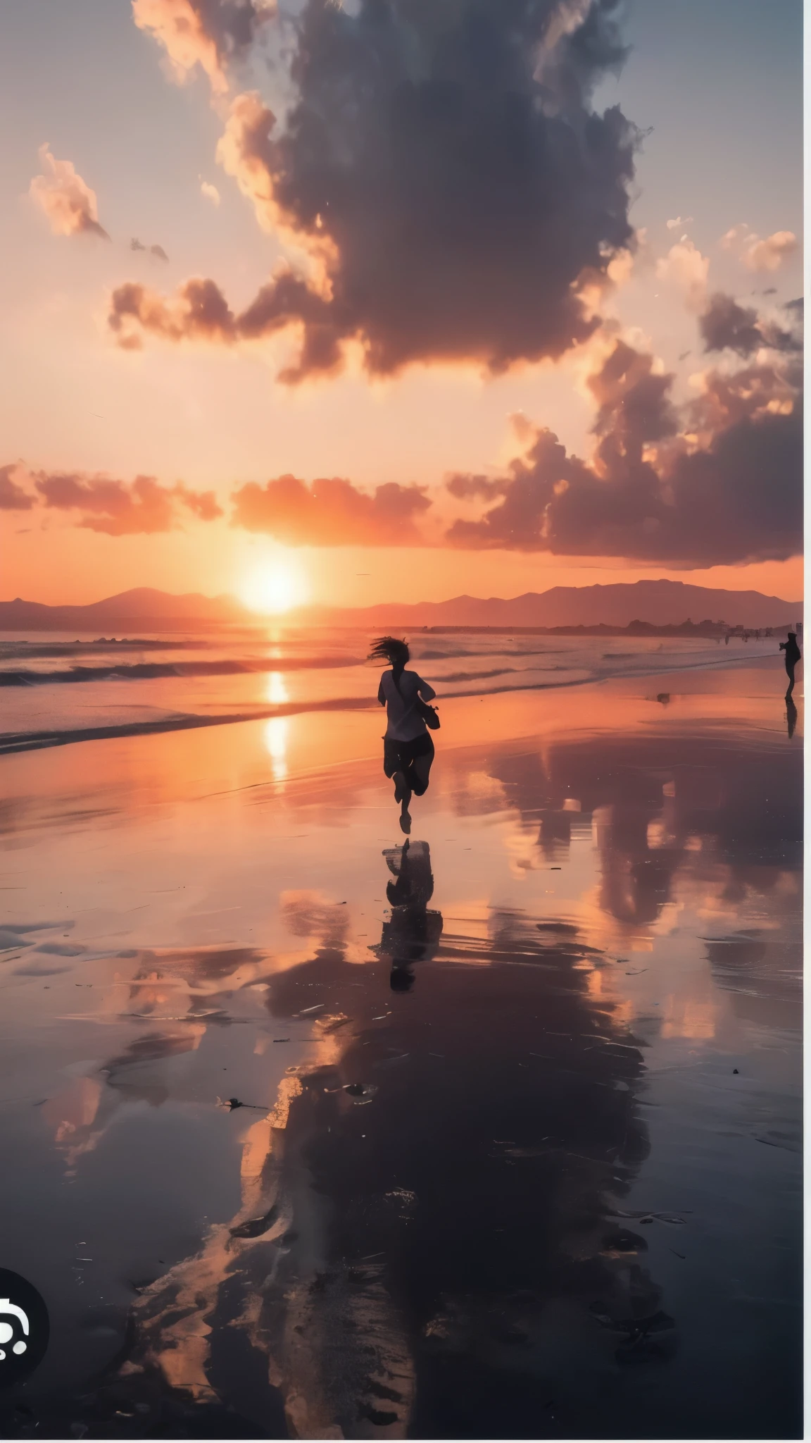 serene and poetic beach scene at sunset, with a young woman running along the wet sand, leaving reflections in the water. The sky is a stunning gradient of warm orange, pink, and purple tones, with dramatic clouds scattered across the horizon. The sun is setting just above the ocean, casting a golden glow across the entire scene. The woman’s figure is backlit, creating a silhouette effect as she runs joyfully towards the horizon. Her reflection is clearly visible in the wet sand, adding depth and symmetry to the composition. In the background, gentle waves roll in towards the shore, and a distant mountain range is faintly visible under the vibrant sky. The overall atmosphere is peaceful and filled with a sense of freedom and connection with nature, highlighted by the warm, enveloping light of the setting sun.High resolution, 最high quality, high quality, Ultra high definition, silhouette, Cinematic light effects, reflected light,