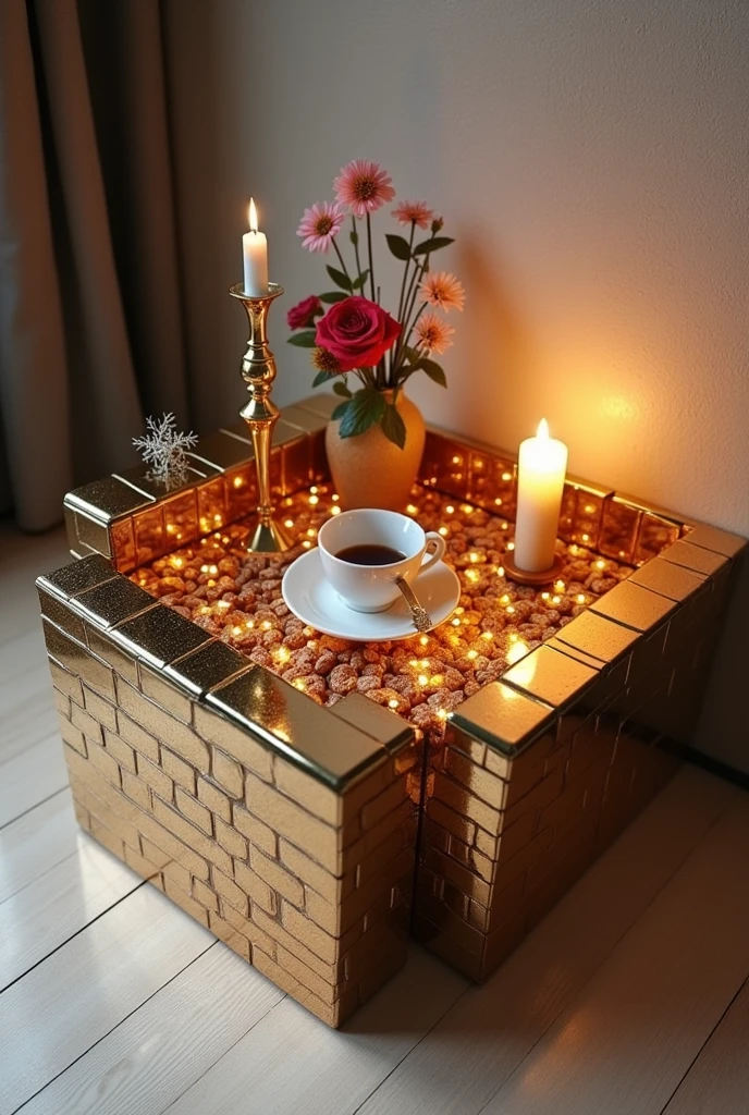 A small square table measuring 50 cm in length and 50 cm in width, handcrafted for coffee use. It features a two-way mirrored glass surface, creating a stunning visual effect resembling a tunnel or deep well, and illuminated from within by warm golden LED lights. The walls are covered with 3D wallpaper that mimics the look of brick. The table is decorated with simple decorations including golden candlesticks, small flowers, a cake mold, nuts, a red rose, and a teacup. The table is placed on a light-colored wooden floor, and its design combines simplicity and elegance with a touch of modernity, making it a distinctive piece of art in any room or salon.