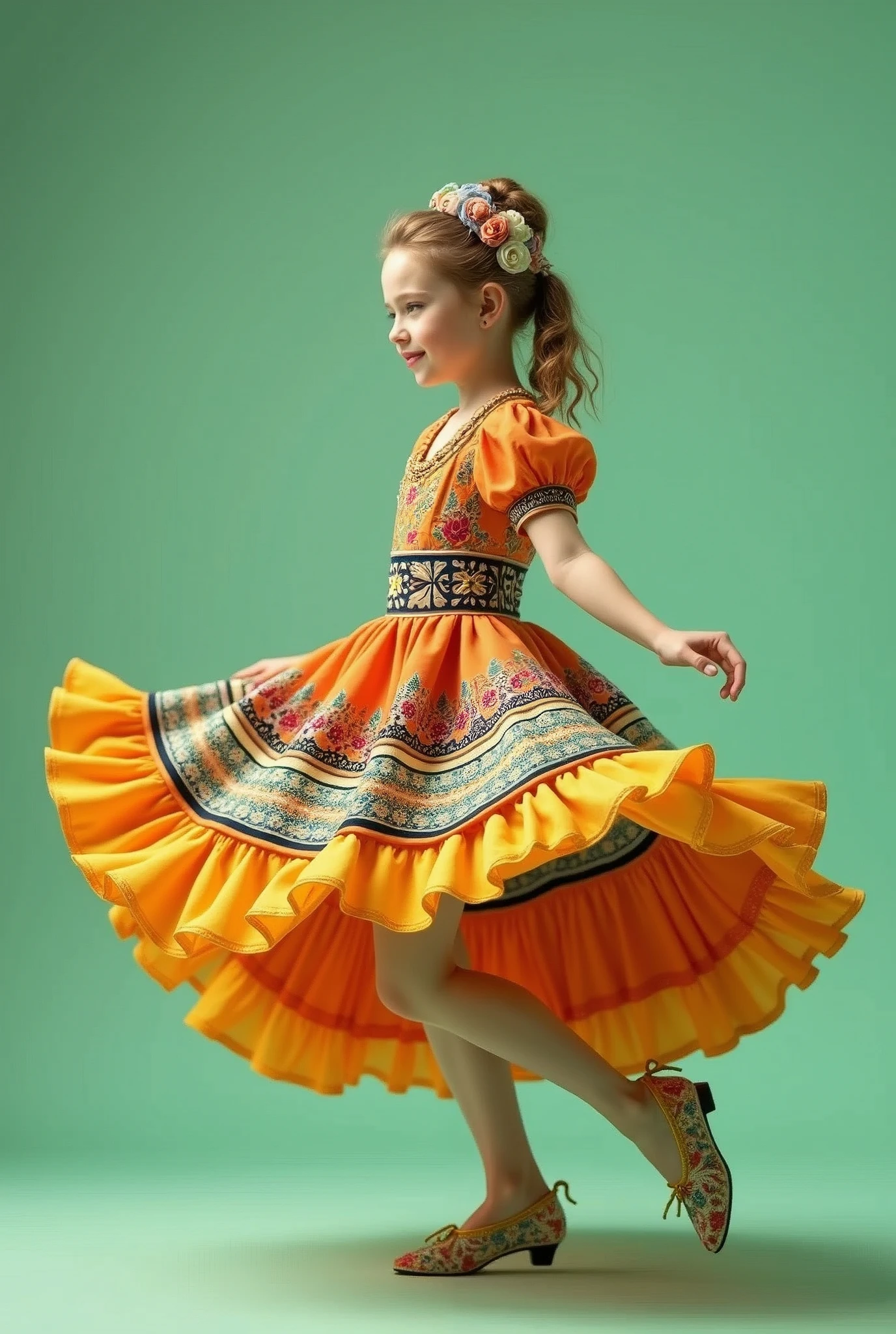 A boogie-woogie jazz dance performed by a Slavic-looking girl in a classical costume., Against a light green background, photo, realistically, 4K