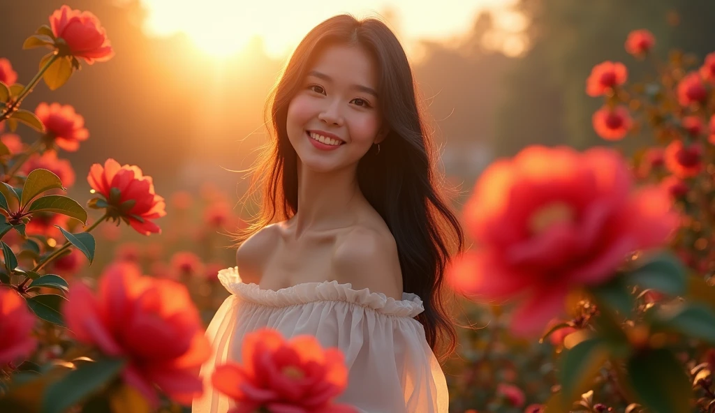 Hyper-realistic portrait,an asian woman,Long black hair,White tulle skirt,Smiling at the camera,The Jungle Book,Red camellias surrounded her.,The sun shines on me,panoramic,8K movie texture