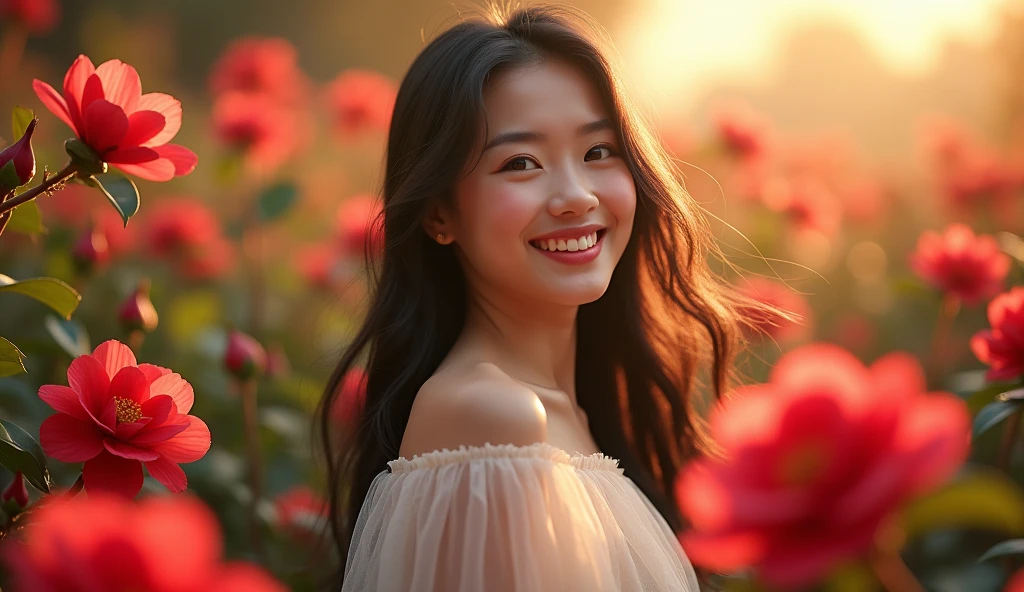 Hyper-realistic portrait，an asian woman，Long black hair，White tulle skirt，Smiling at the camera，The Jungle Book，Red camellias surrounded her.，The sun shines on me，panoramic，8K movie texture