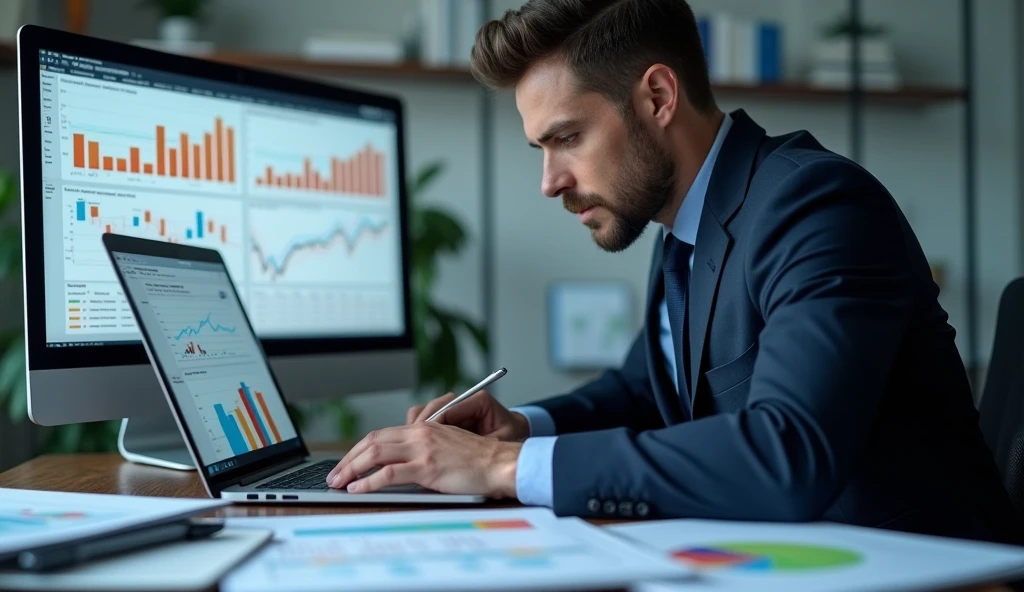 Writing, graph and business man on laptop for data analysis, financial chart and annual company report. Fintech, corporate and worker with notes on computer for research, finance review and planning