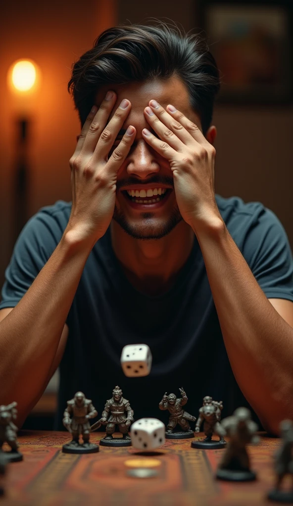 hotorealistic, best quality, masterpiece, extremely detailed, front view, extremely handsome, 30 year old indonesian man, round face, very muscular, no facial hair, wearing rockband tshirt, laughing, throws dice, one hand covering eyes, well-painted warhammer miniatures mid-game on the table, extremely romantic atmosphere, perfect face, perfect fingers, perfect hands, perfection
