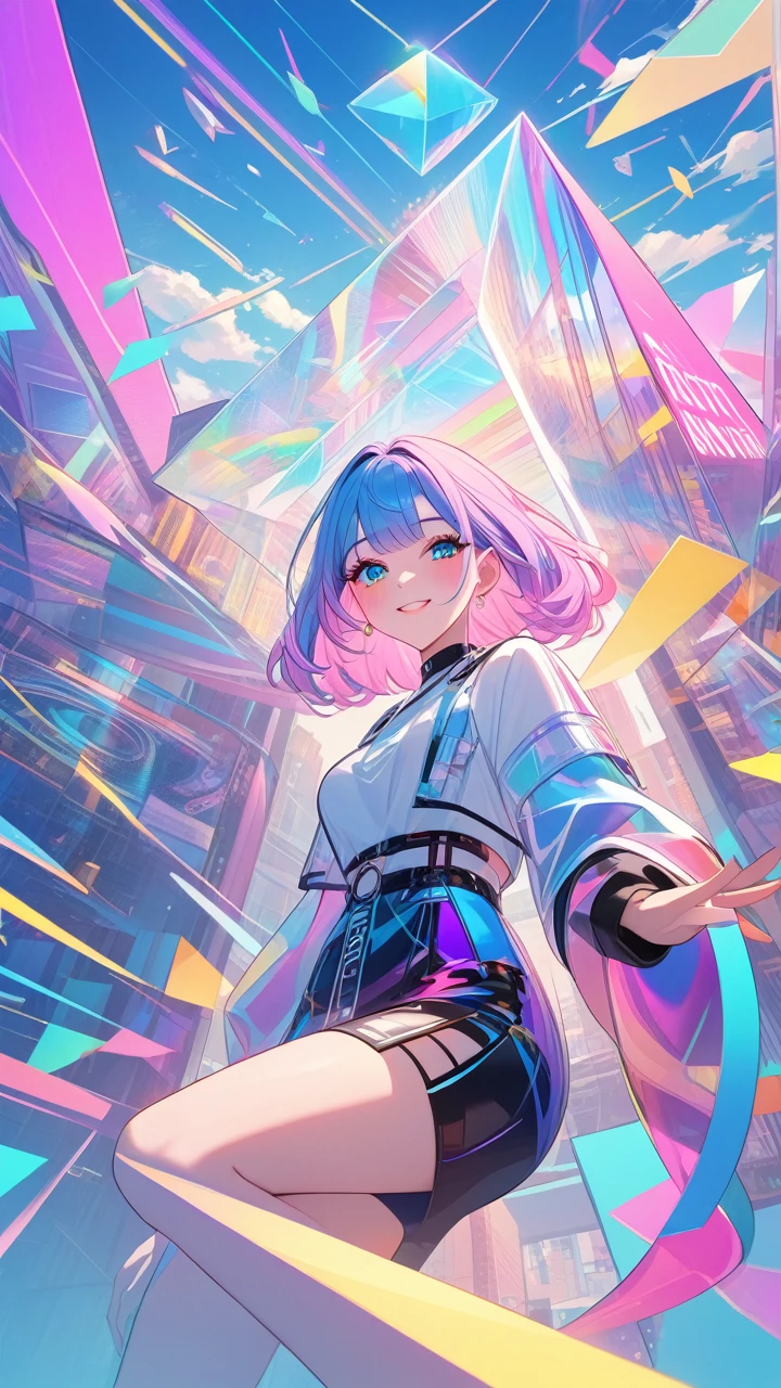 masterpiece,bestquality,superwideangle,fingeraudience,1girl,pinkandbluehair,hand,futuristic clothes,cuteanimeface,tears,masterpiece,transparentcolorPVCclothing,transparentcolorvinylclothing,wholebody,glitchlump}onface,smile,mediumhair,filmgrain,lens_flare,colorful,chromaticaberration,dynamicpov,closedmouth,Intenseemotionalexpression:death,glitchart,ultra-detailed,extremelydelicateandbeautiful,albumcover,album,albumdescription,Pixilationonface,Doubleexposure,ChromaticAberration,Lightleaks,Noiseandgrain,Colordegradation,Glitchlettering,art,abstractart,geometry,clearlines,squares,bright,limitedpalette,{canonicalcomposition},neatdiagonalstripedbackground,{{bluewithwhitestripedbackground}},{limitedpalette},flatcolored,blueandwhite,