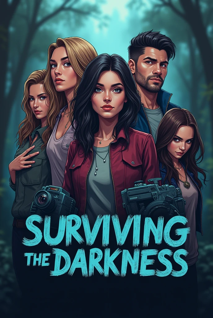 (photorealism:1.2), making a logo surviving the darkness with Logo name "SURVIVING THE DARKNESS" with cool font, with illustration people cool, with background blur